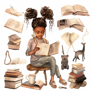 Watercolour mixed Black Girl Reading Clipart, braids, reading in a fort, Girl Studying Clipart, Book Lover , Student Clipart, Reading Png,Bookworm, hd, white background, spaced out, pastel colors, cartoon realism details--ar 3:2