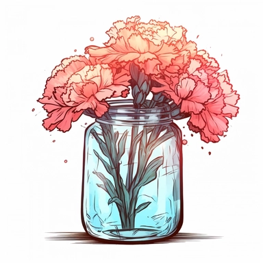 Carnation in a There is water in the jar vase. Clipart style by Lucy Fleming, watercolor, smooth gradients, black contour outline, ultra detailed, clipart elements, delicate pastel colors, solid white background, super clear, high quality
