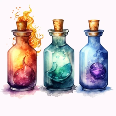 Create a watercolor clipart set of potion bottle with different shape, size, and color, containing a unique magical elixir with label. no background