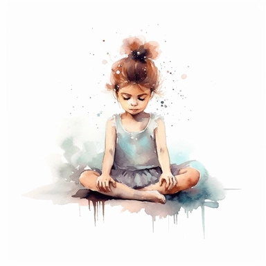 watercolor style, little ballerina in sitting position girl of 5 years old clipart, isolated on white background, hd