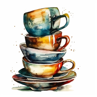 stack of coffee cups, clip art, watercolor, isolated white background, 8k