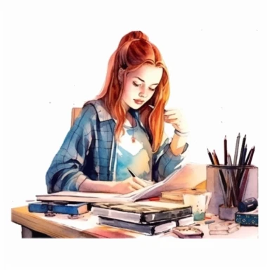 watercolor style, teenage girl learning at the perfectly organized desk, realistic, clipart, isolated on white background, 4K