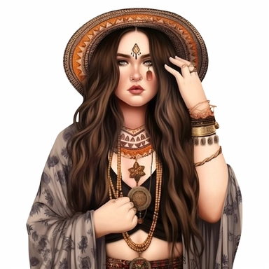 spunky boho plus size woman, fair skin and dark hair, cute, modern, semi-realistic, spiritual, witchy, clipart, fantasy, white background, high quality, beautifully accurate illustrations