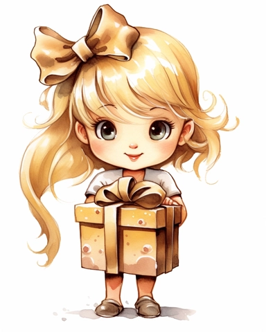 a happy cute little girl a five year old, bow on the head, blond hair, dress, gift in the hands, style by Lusy Fleming, folk art, watercolor, clipart elements, smooth gradients, black contour outline, ultra detailed, white background, super clear, high quality