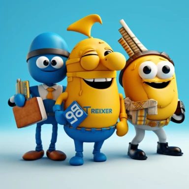 Explore Greece with three 3D anthropomorphic characters wearing bright blue, white and yellow tech clothes, representing taxation, called Tax Treasure, law called Law Treasure and Fortune Treasure, with cute smiles, holding creative props, Law Treasure holding a computer, Law Treasure holding a folder, Treasure holding a calculator, background is an office of an Internet company, such as the Internet, digital, watercolor clipart, strybk, full illustration, 4k chibi kawaii, clear focus, watercolo