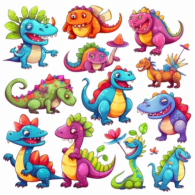 clip art elements, friendly cartoon dinosaurs and bones, bright colours