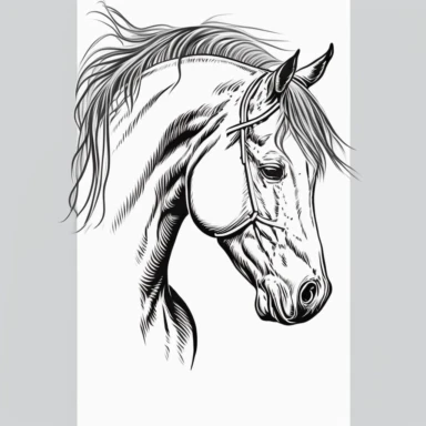arabian horse head drawing, side angle, clip art, line art, elegant, outline
