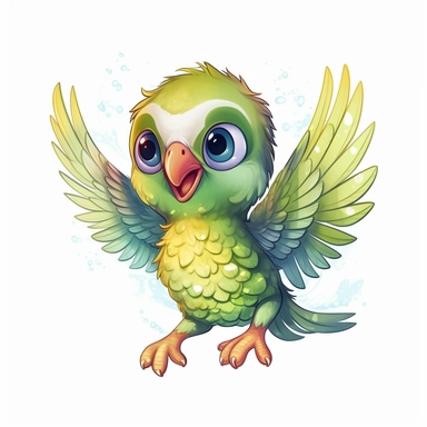 cute flying baby parrot with glitters and wings with big sparkly eyes clipart cartoon style white background