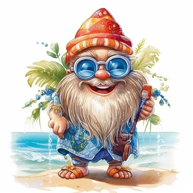 gnome summer smile and cute big eyes wear big glasses full body , sea trip summer , cute funny laugh detailed digital art, whimsical and cute, cute detailed artwork, glimmering, adorable and whimsical, whimsical art, watercolor Clipart style