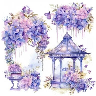 a set of unique EFFERVESCENT watercolor style clip art images in purple and blue of a Gazebo with lavender and other purple flowers growing around it, a Gazebo surrounded with dreamy purple flowers, a birdhouse with roses, dreamy intricate designs, the setting must be a floral dream, a secret garden theme, including garden decorations with elements such as fantasy, fantasy-inspired floral patterns, The overall mood of the images should be a fantasy floral wonderland, with a focus on the beauty a