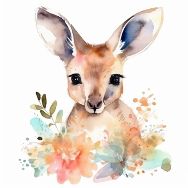 Watercolor cute baby kangaroo, Clip art, White Background, Floral