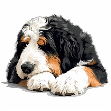 bernedoodle dog clip art, simple, vivid colors, tired, sleeping, head on ground, side view, full body, white background