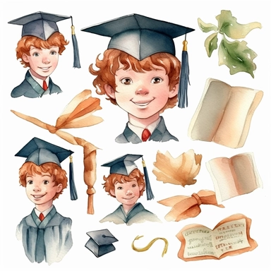 watercolor graduation ceremony related scenes, illustrations clipart set, simple, , cartoon elements ,different variants , separate elements with a margin, ,4k, high resolution