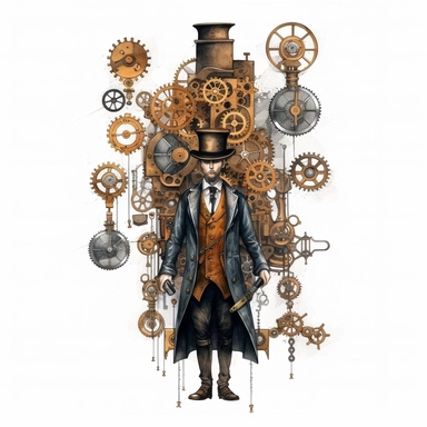steampunk victorian prototype, full body, watercolor, gears, pinions, calipers, clocks, rivets, top hat, clipart, duo tone, realistic, ultra resolution, vivid detail, 8k, minimal watercolors, white background