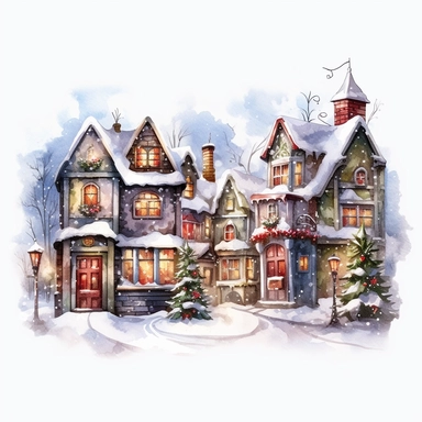Christmas village clipart, Watercolor, isolated on white background, magical, enchanting, wreaths, snow-covered streets, colorful buildings, sparkling, charming, detailed, glittery, shiny, twinkling lights, festive, ornate, traditional, whimsical, Michael Powell Style, Unreal Engine 5,8K