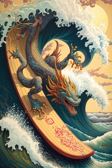 a painting of a standing cartoon Dragon riding kanagawa wave on a longboard surfboard, behance contest winner, psychedelic art, paisley, beautiful waves in sea, james jean and clyde caldwell, clipart, hi - fructose art magazine, katherine lam, artgram, marc newsom, sovietwave,