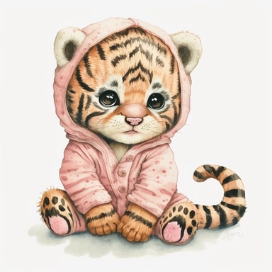 watercolor and pencil sketch of happy cute baby tiger with big eyes wearing baby pajamas, pastel pink, hyper detailed, white background, 4k, hd, Clipart