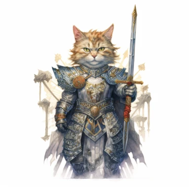 Create a stunning watercolor clipart composition of a regal grey-furred cat-knight, wielding a majestic golden sword, adorned with intricate engravings and glowing gemstones, as she bravely leads her feline army into battle against hordes of moth-like demons. In HD on a white background.
