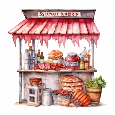 hand drawn ROADSIDE STAND WITH STRAWBERRY JAM AND COUNTRY HAM leg , very detailed and realistic , watercolor, white background with margins, clipart style
