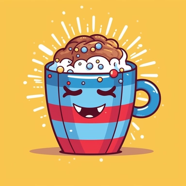 isolated flat clipart on a white background of a cute Fourth of July themed happy cartoon face cup of cocoa throwing up a rainbow with stars on a blue background and red horizontal stripes tshirt design graphic, in the style of daniel f. gerhartz, transcendent, nikon d850, art of burma, captures the essence of nature, in the style of organic forms and patterns, expansive skies, hyper-detailed illustrations, i can't believe how beautiful this is, lively colors