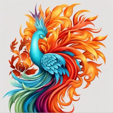 Create a stunning clipart featuring a magnificent phoenix with feathers that look as if they're touched by flames. The background should be plain and highly contrasted, while the style should be both watercolor and realistic. The phoenix should be depicted in all its resplendent glory, with vibrant colors and intricate details that make it come to life. Let the artwork inspire and captivate the viewer with its powerful imagery.