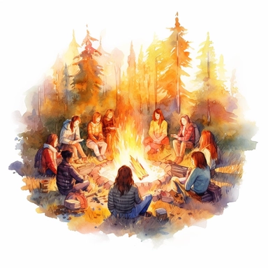 watercolor, hyper realistic, white background, white margins, 16k, ultra detailed clipart, cut out image, hand-drawn a cozy campfire in the heart of an autumn forest, with flickering flames and people gathered around, sharing stories and warmth