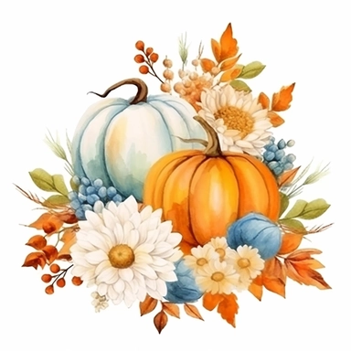 acuarela, marmita con caramelos, rodeada por el exterior de flores y calabazas, clipart, fondo blanco