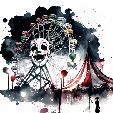A spooky carnival at night with bright lights and creepy clowns, an abandoned Ferris wheel in the background, a sense of abandonment and decay, watercolor and ink drawing, white background, clipart, spaced out, HD, fantasy