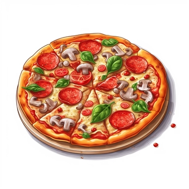 A pizza, cartoon, detailed, clip art, white background, no shadow
