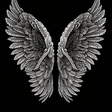 sketch clipart of angelic wings, hd, white on black background, spaced out,--ar 3:2