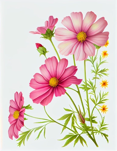detailed vibrant watercolor pink cosmos side corner border , isolated on white background, realistic, clipart