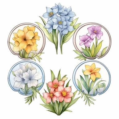 Craft an exquisite hand-drawn watercolor clip art image of a family gift niche adorned with birth flowers. Customize the image for a family of five: a March baby (Daffodil), a May baby (Lily of the Valley), a July baby (Larkspur), an October baby (Marigold), and a December baby (Poinsettia). Use soft pastel colors for the background, creating a gentle and serene atmosphere that complements the vibrant birth flowers. Pay attention to the fine details of each flower, capturing their unique charact