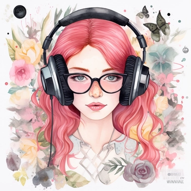 watercolor clipart with wihite background enchanting red haired girl with headphones and black sunglasses on with a beautiful background pastel pinks and black! a fantasy world of world of whimsy and wonder with these detailed and adorable is meticulously designed with charming features, vibrant colors, and intricate details that will captivate both children and adults alike