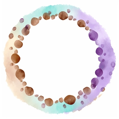 circlet made out of circles and brushstrokes, lavender solid painted center, spilling over the edges, hand-drawn watercolor pencils, prominent visible brush strokes, watercolor clipart png on white background with free margin