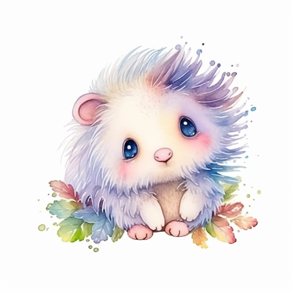 watercolor adorable kawaii baby porcupine character kawaii, isolated ...