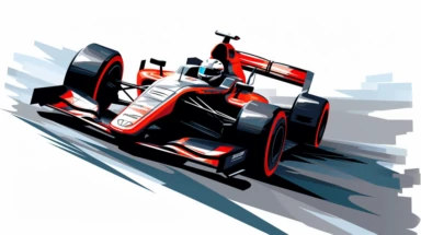 Contemporary vector clipart featuring a stylized indy car, represented by bold lines and abstract shapes, highlighting the car's distinctive design and speed, suitable for use in logos, icons, or racing-related infographics, on a clean white background