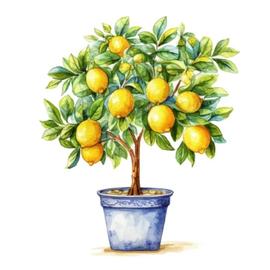watercolor lemon tree planted in mediterranean pot clipart on white background