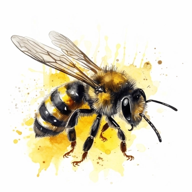 honey bee clipart with vibrant yellow and black stripes, delicate wings, and a playful expression, a gentle and artistic feel, with translucent layers and loose brushstrokes that enhance the bee's lively presence, no text, white background