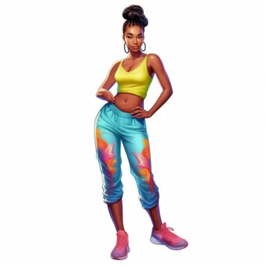 beautiful black teenage girl with beautiful pinned up hairstyle, dressed in bright colored fitness attire. Full perspective and, long shot A young black woman with full lips and a big beautiful smile, dressed in a jogger, has pinned up hairstyle and beautiful shapely legs, wearing sneakers, clipart in the style of digital airbrushing, feminine sticker art, dollcore, realistic face, realistic body, glamorous,