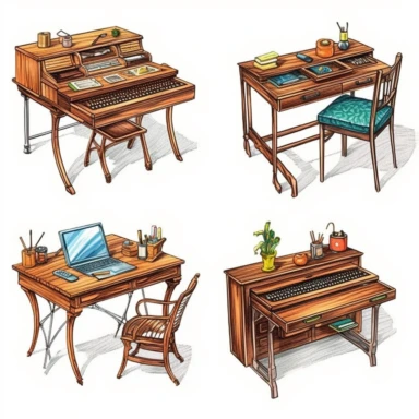 a clipart collection of a set of four writing desk, highly detailed, crisp sharp lines , istock, clip-art, ,, 2070s, steel, , how-to, , harmony of, marker”, , 4, instrument, ultimate, 5, movies, three - dimensional , high quality vector svg white background , organised in rows spaces gap orderly