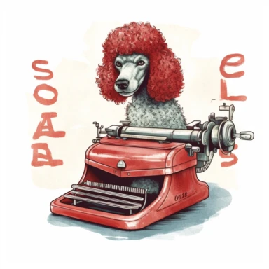 simple clipart of poodle typing on an old typewriter, make the image so it is oval, like an icon type image, with the words nearby snipoodle in big letters