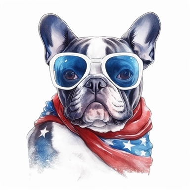 closeups shot, low angle, watercolor style, French Bulldog, wears American flag scarf and sunglasses, hyper-realistic animal illustrations, 2d game art, quadratura, clipart, on white background,