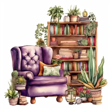 A boho style library corner with watercolor effect, boho furniture, details, boho colors, suitable for digital clipart, white background, boho style purple tones plants, on the white background, hd