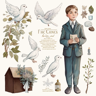 cute boy, first communion holding a dove in his hands, , clipart set of first communion illustrations, watercolor, white background, simple, soft colors, very detailed watercolor drawn elements, holy cross, prayer book, lilacs, twigs with large leaves, powder blue, green, brown