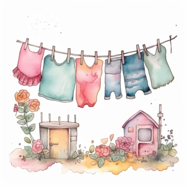 whimsical watercolour cute clip art laundry line with clothes