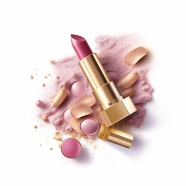 pink gold lipstick, nail polish, eye shadow, blush makeup, clipart style, to separated the products, procreate illustration, on white background, hyper-detailed, high resolution, illustration, 3D