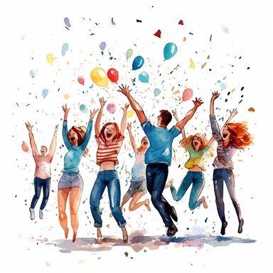 watercolor, Happy people celebrating birthday with confetti, balloons, party hats and horns. Holiday celebration concept. Men and women rejoicing together. png Full body realistic cartoon in 32K UHD cute. 15 cm thick outline. Black color. There was no shadow on the ground. 8k with realistic watercolors and detailed illustrations. PNG clipart, transparent white background