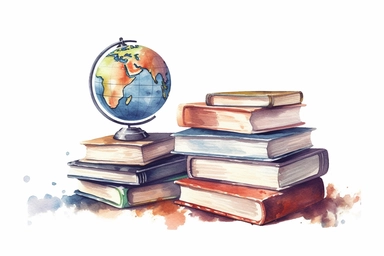 Vintage books stacks and globe. Watercolor hand painted school concept illustration. isolated on white background, Book lover design. Education themed clipart. ,