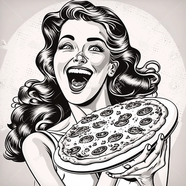 Upscaling image #3 with a egocentric and euphoric girl laughing hard, eating pizza, looking to the camera, in style of 1950`s, black and white clipart