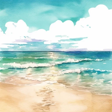 create a water color clipart graphic of a sandy beach and turquoise ocean in the background. Make it look like we are looking down the beach and the water paraell to the horizon. Include more beach than ocean